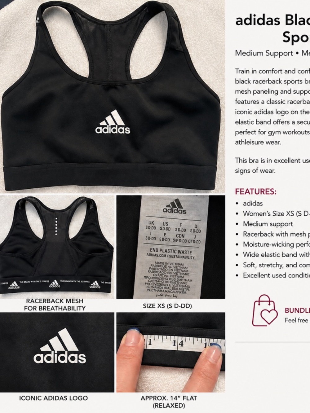 adidas Black Racerback Sports Bra | Medium Support | Mesh Back | Women’s XS